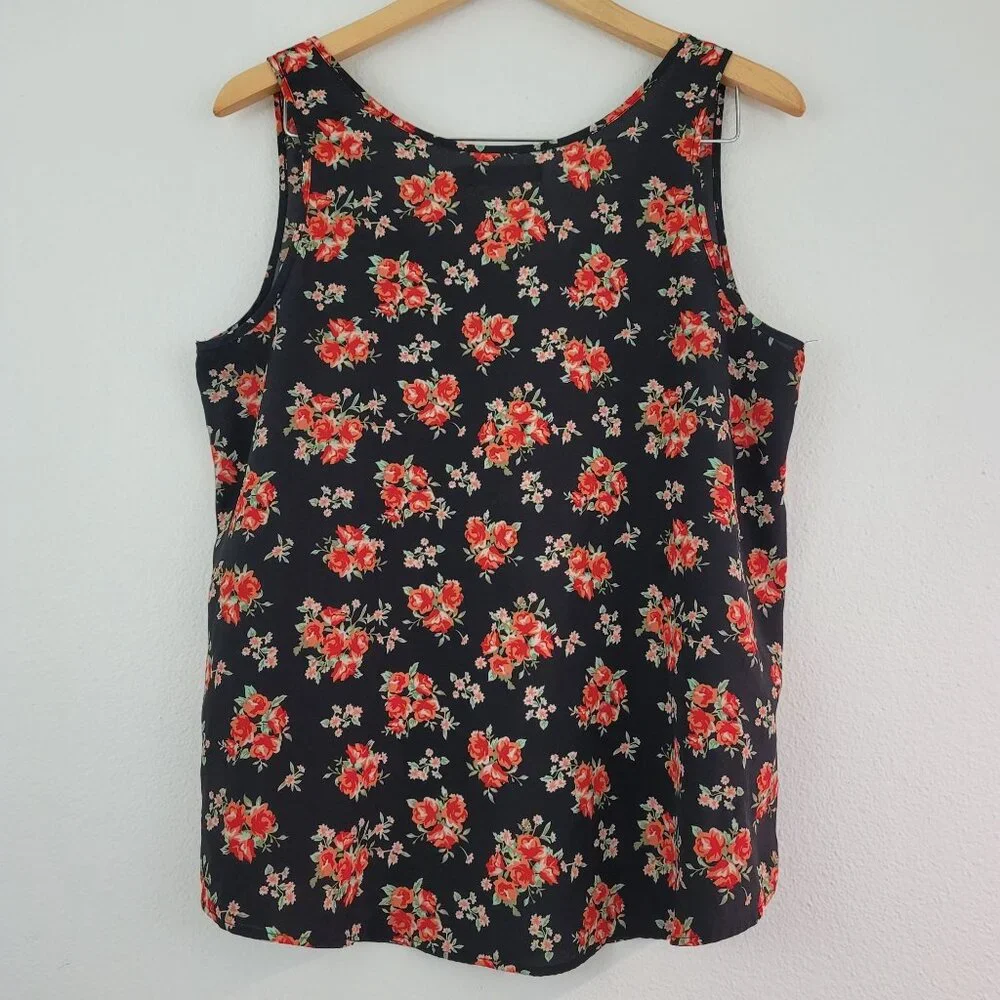 Faded Glory Womens Sz L Red Roses Floral Black Tank Top Y2K Romantic Retro Flowy - Picture 7 of 10